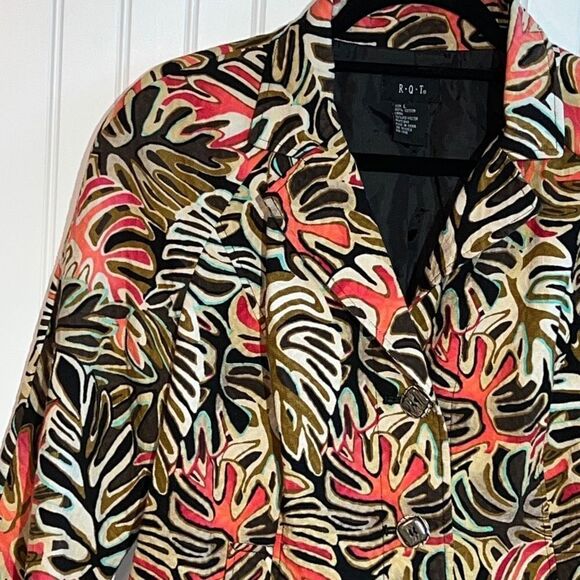 RQT jacket woman’s size large lined cotton long sleeve tropical leaf button fron - Picture 2 of 11